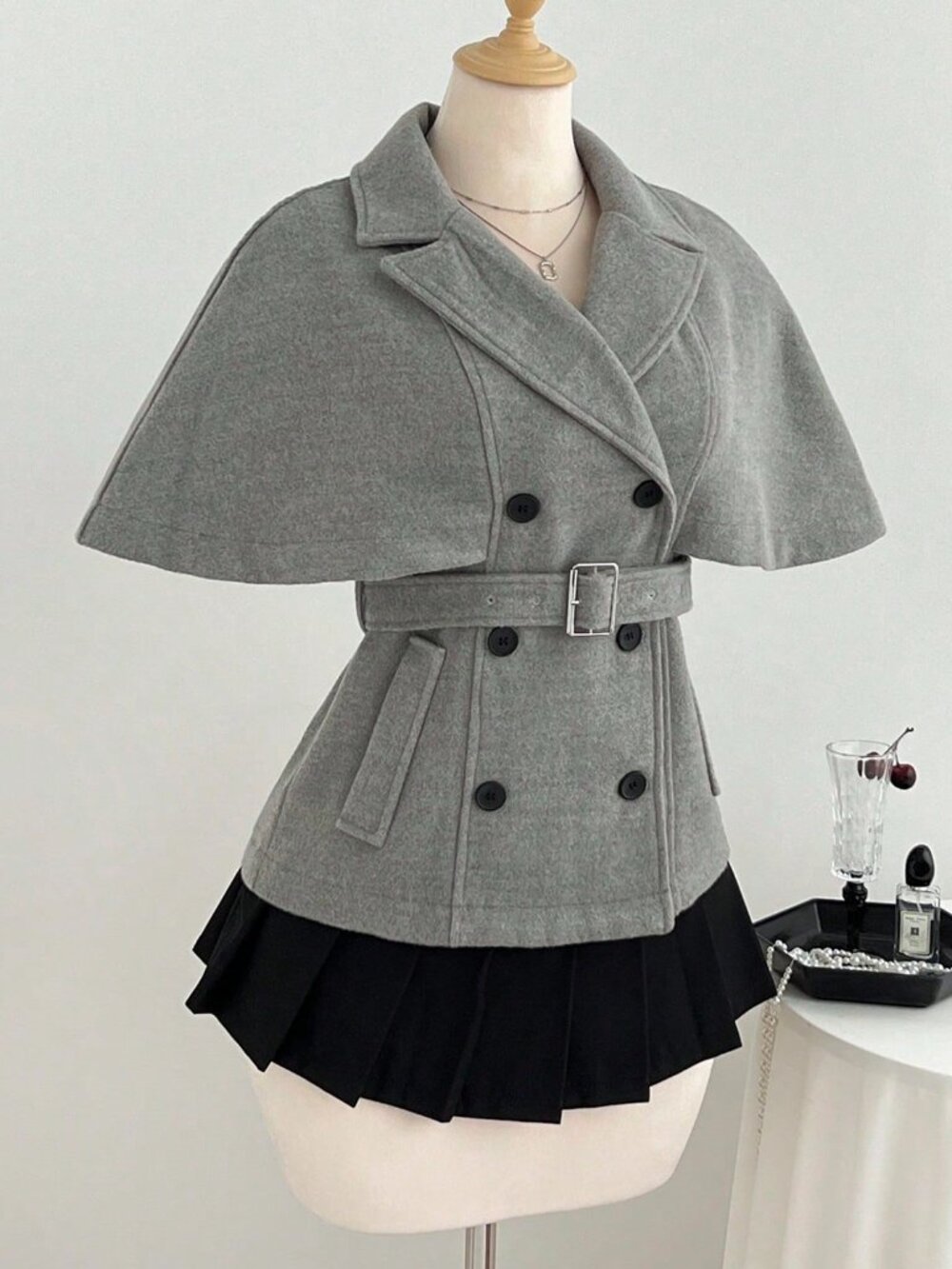 Grey Elegant Women's Double-Breasted Cape